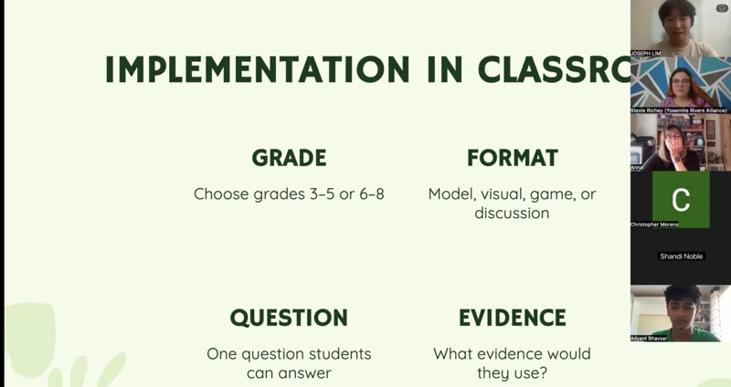IRISTEM virtual conference session showing grade, format, question, and evidence prompts for classroom activities